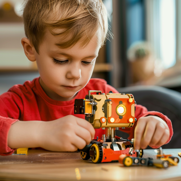 Child playing with a toy robot on a table