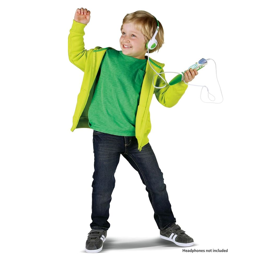 Child wearing a green shirt, yellow jacket, and headphones holding a toy on a white background
