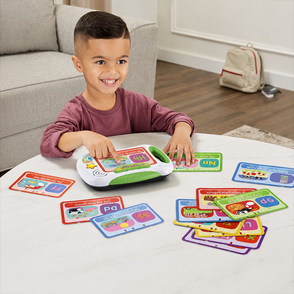 Child playing with educational toy on a table in a living room