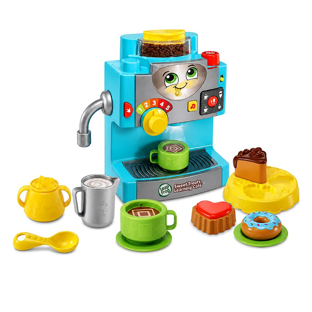 Toy coffee machine set with various accessories on a white background