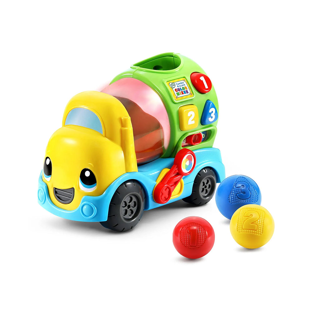 Colorful toy train with numbered compartments and balls on a white background