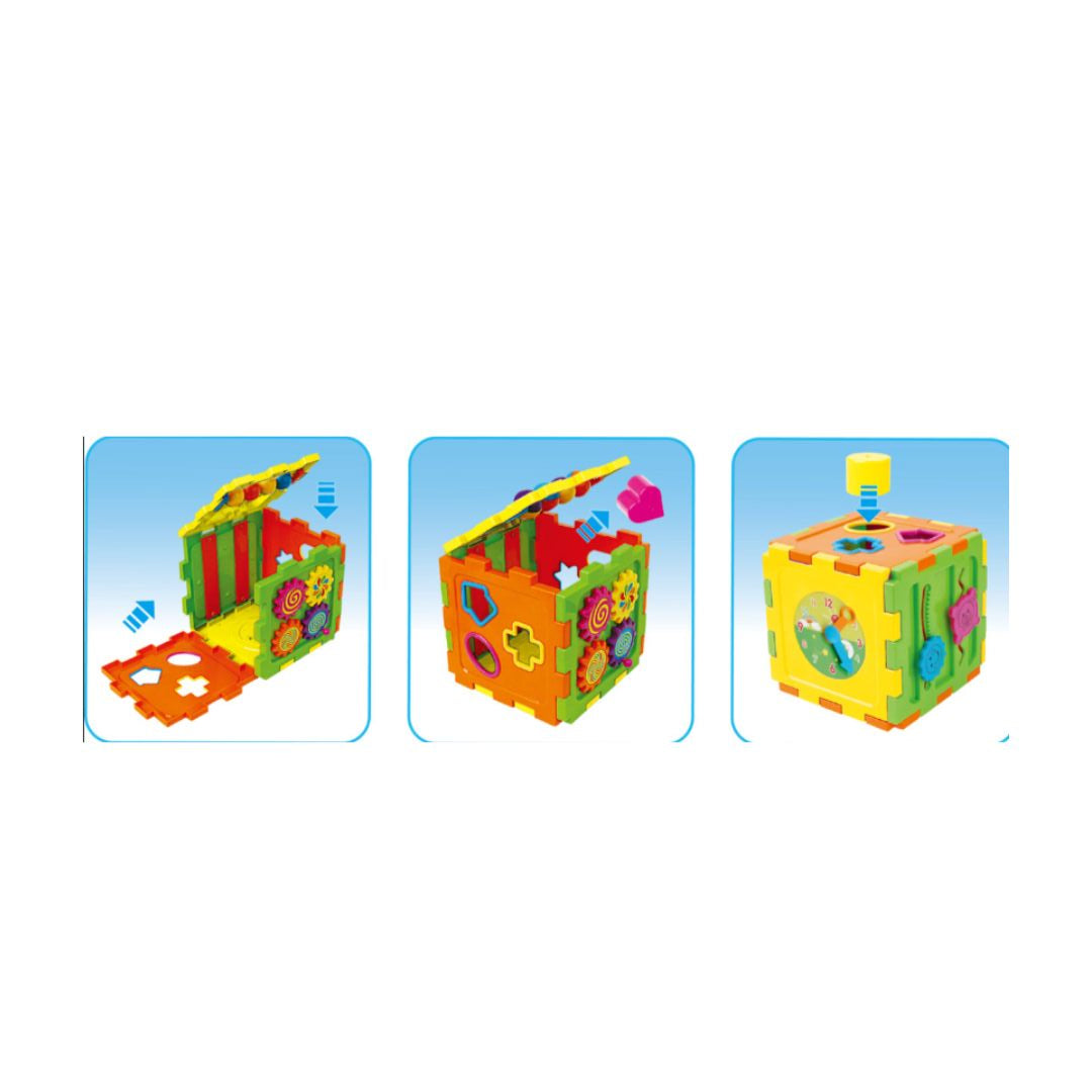 Colorful educational toy with geometric shapes on a white background